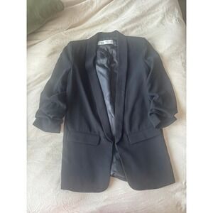 Zara Black Ruched Sleeve Open Front Blazer
